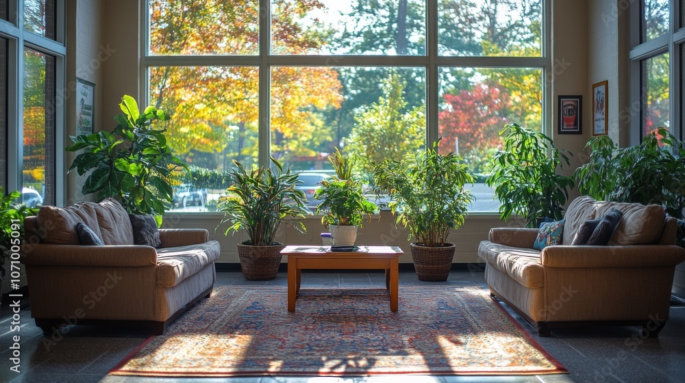 Poster a welcoming lounge area features two comfortable sofas facing a central table, surrounded by lush gr