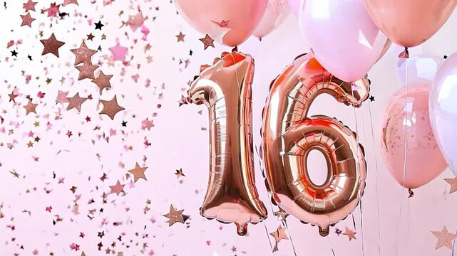 Sweet sixteen party balloons on background with confetti, a vibrant celebration to mark a special 16th birthday milestone