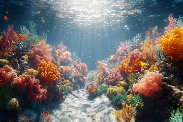 Naklejka premium A vibrant underwater scene featuring a stunning variety of coral reefs in bright colors, illuminated by sunbeams filtering through the water surface, creating a serene atmosphere.