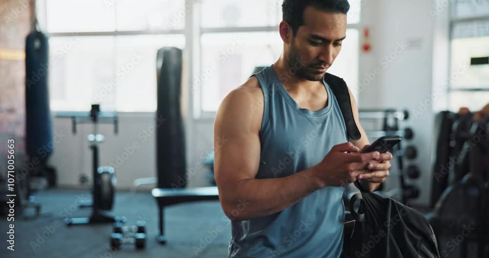Poster man, gym and texting on smartphone for fitness with exercise, training and workout. male person, bod