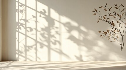Light and Shadow Play on a White Wall with a Wooden Floor