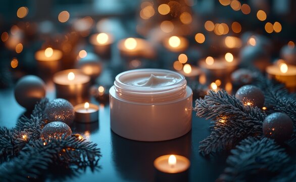 An arrangement of luxe skincare products on a festive table with twinkling lights