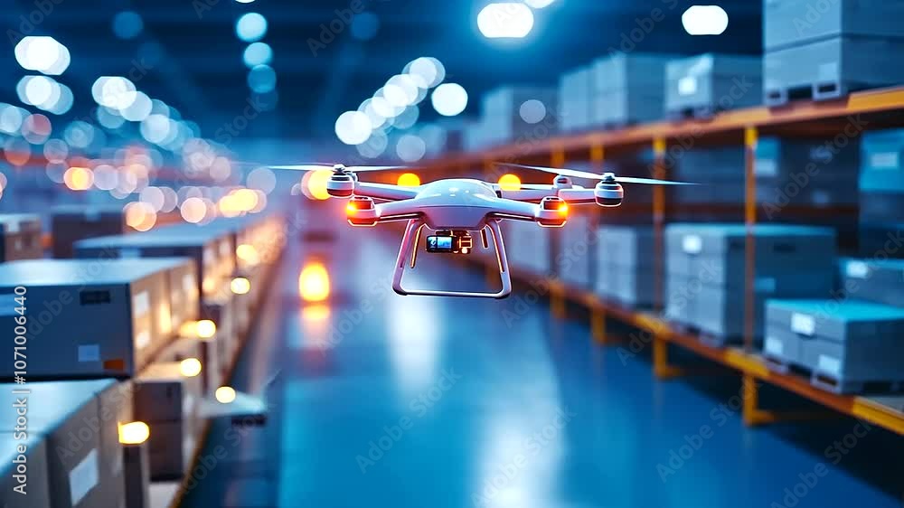 Poster high tech logistics hub with drones and automated robots