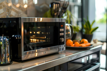 A sleek modern kitchen showcasing a stainless steel microwave with a view of glowing orange interior, surrounded by fresh fruits.