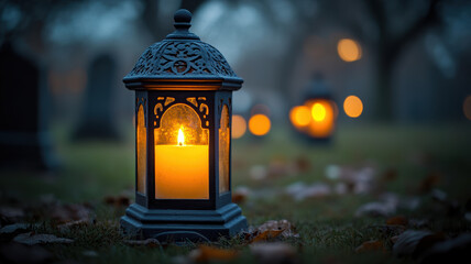 Depth of Field Shot of Candles in Cemetery Lanterns