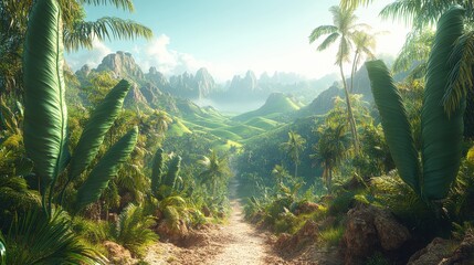 Fototapeta premium Lush Green Jungle Pathway with Vibrant Palm Trees and Rugged Mountain Range Under Clear Blue Sky Ideal for Nature Lovers and Adventure Travel Enthusiasts