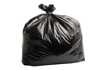 Black garbage bag tied on a white background. PNG transparent.
