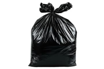 Black garbage bag tied on a white background. PNG transparent.
