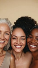 Three diverse women smiling together, showcasing confidence and joy. Perfect for beauty, wellness, and diversity campaigns.