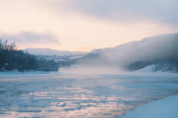Obraz premium Blurred snowy background with soft white flakes and a serene winter atmosphere