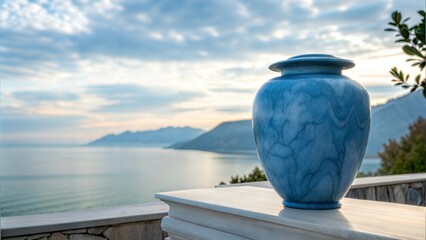 Blue marble urn against sea background