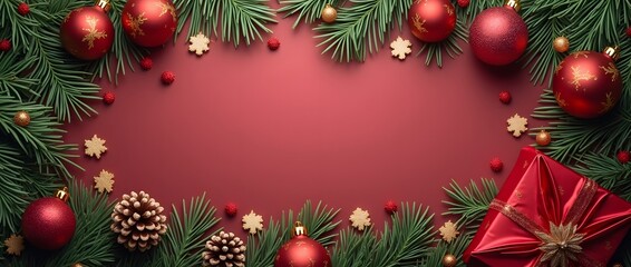 Festive Christmas Background with Pine Branches, Ornaments, and Gift Box 2025