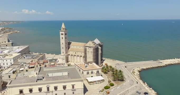 Aerial view of the Duomo of Trani, in Puglia, Italy. The cathedral basilica of Santa Maria Assunta, commonly known as San Nicola Pellegrino, is the main place of Catholic worship in the city.