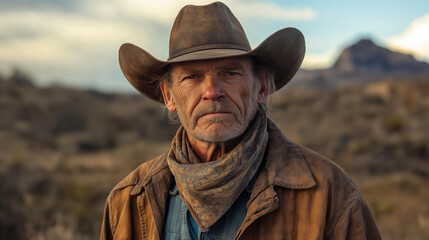 Cowboy in a rugged landscape, wearing a scarf and bandana, his face weather-beaten and confident
