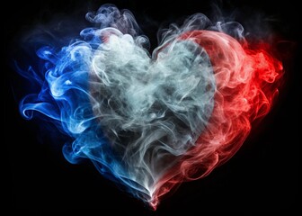 Artistic heart shape formed from swirling red, white, and blue smoke, symbolizing patriotism and unity.