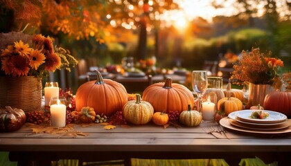Obraz premium An outdoor Thanksgiving table decorated with pumpkins, candles and autumn flowers