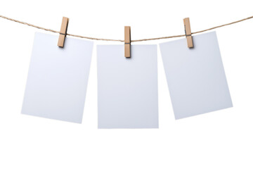 Empty Polaroid photos hanging on a clothesline with clothespins. PNG transparent.
