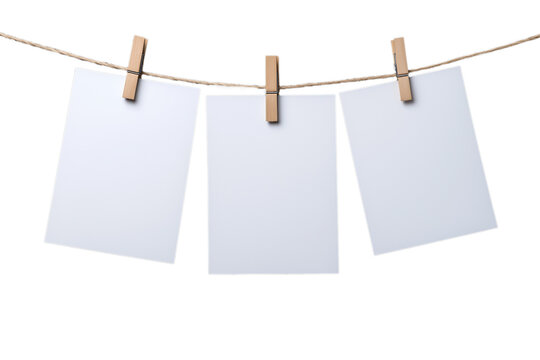 Empty Polaroid photos hanging on a clothesline with clothespins. PNG transparent.
- Powered by Adobe