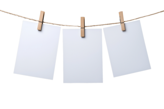 Empty Polaroid photos hanging on a clothesline with clothespins. PNG transparent.
