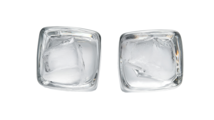 Four clear ice cubes in a row, isolated on a white background. PNG transparent.
