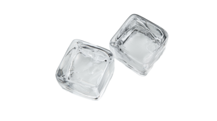Four clear ice cubes in a row, isolated on a white background. PNG transparent.
