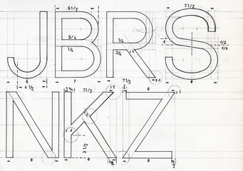 Handgezeichnete Schrift - Entwurf serifenlose Buchstaben JBRS NKZ mti Maßen bzw. Bemaßung