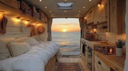 Fototapeta premium The van's interior features a comfortable bed and rustic wooden finishes, offering a serene view of the sunset over the ocean, creating a perfect retreat.