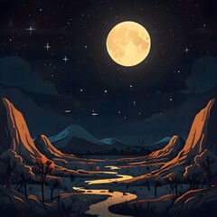 Tranquil Moonlit Night Landscape with Soft Glow over Hills and Trees