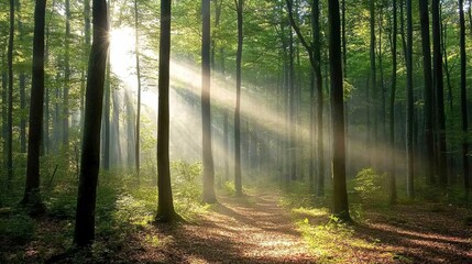 Obraz premium Forest with tall trees and dappled sunlight calming scene