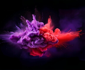 Explosion of two clouds of color purple and color red with a dramatic energy
