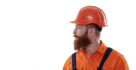 Workman isolated on white. Man builder engineer. Construction builder occupation. Civil engineer man. Supervisor or worker man. Bearded man construction worker. Copy space banner advertisement