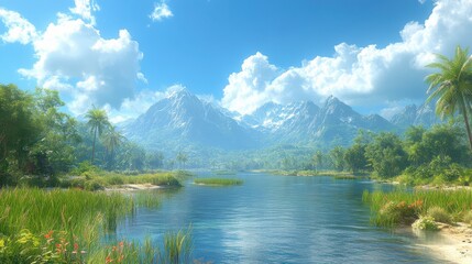 Tropical Landscape with Rice Field and Mountain View