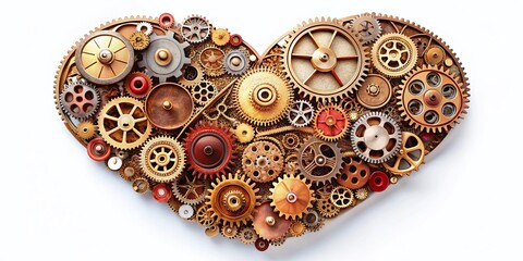 Intricate Heart Shape Created by Metallic Gears and Cogs on a Clean White Background for Unique Mechanical Art and Design Concepts