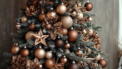 Brown-themed Christmas tree decorated with minimalist brown balls and star ornaments.