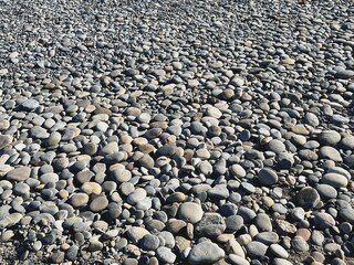 rund geschliffene Kieselsteine am steinigen Strand