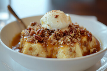 salted caramel banana bread pudding with pecan streusel
