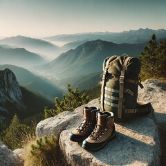 Hiker's Gear on Rocky Cliff Edge Overlooking Stunning Valley Landscape