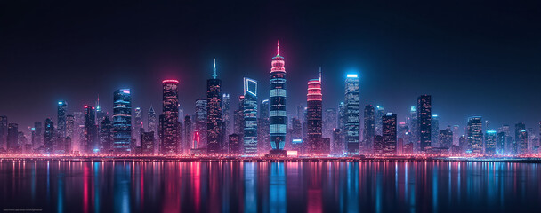Futuristic panoramic city skyline at night with neon lights and skyscrapers under a dark sky