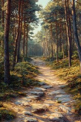 Obraz premium A serene forest path wanders through tall pine trees, bathed in warm sunlight. The earthy tones and gentle light create a tranquil atmosphere for nature lovers.