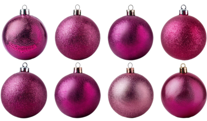 Magenta Christmas balls isolated on a transparent background, perfect for holiday decor, featuring glossy, colorful, and festive ornaments ideal for Christmas trees and seasonal decorations.