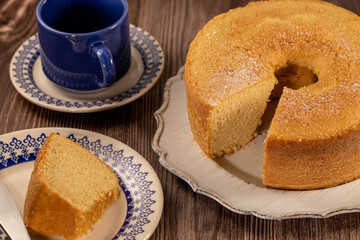 Brazilian Homemade Cake Served with Coffee on Rustic Plates