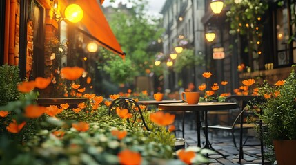 Charming outdoor café with vibrant orange flowers and cozy ambiance for travel agencies advertising concept