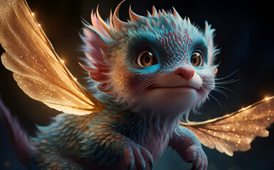 Obraz premium cutest fantasy ethereal animal-elf with golden wings childish creature. close up. digital artwork. Ai generated
