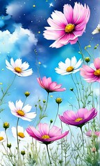 Enchanting meadow of tall flowers reaching towards blue sky. Colorful petals dance in gentle breeze, set against dramatic cloudscape, creating dreamlike image full of life, color. For greeting card.