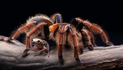 tarantula spider attacking a lizard with black background in macro