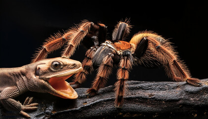 tarantula spider attacking a lizard with black background in macro