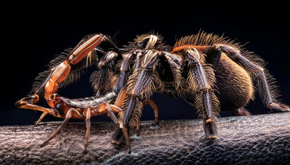 Scorpion attacking spider with black background