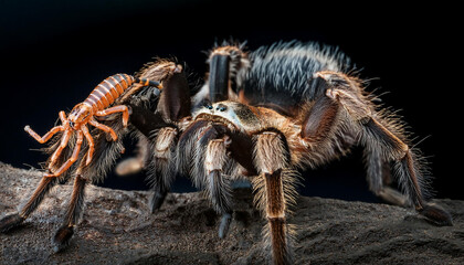 Scorpion attacking spider with black background