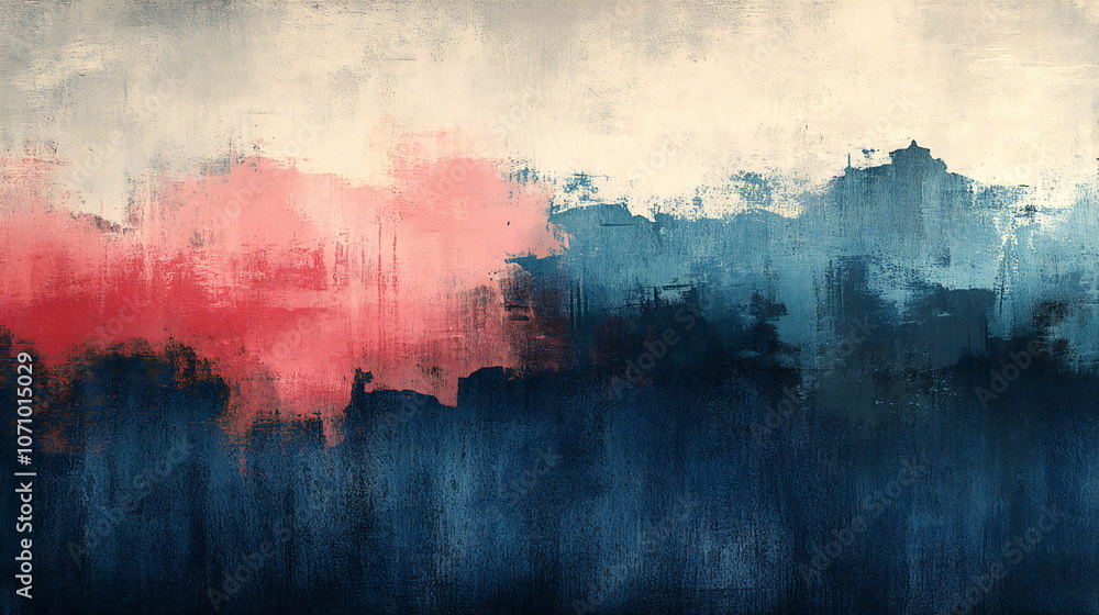 Poster abstract painting with bold strokes of red, blue, and white, creating a dynamic and textured composi