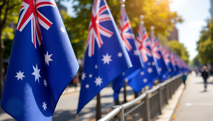 Colorful Australian flags lining a sunny city street evoke national pride during a festive celebration